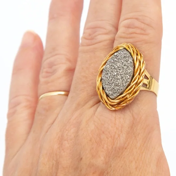 2 tone 14Kt Italy statement ring platinum druzy quartz luxury Vicenza Gold 10